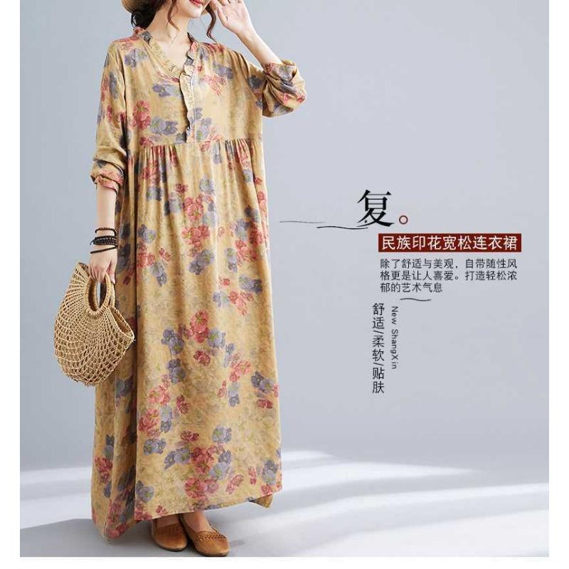 Season's New Vintage Print Loose Hem Long Dress