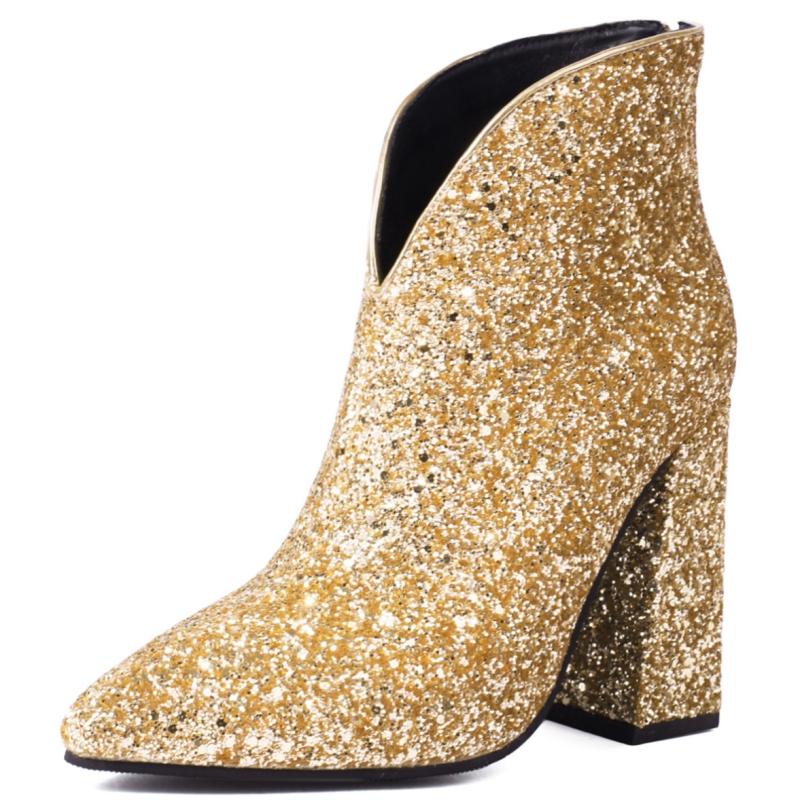 Fashion Sexy Ankle Boots Women Shoes New 2024 Luxury Sequined Gold Silver Heeled Short Boot Dance Party Wedding Shoes Lady Large Size 44