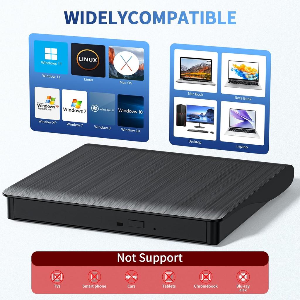 External DVD CD Drive for Laptop PC USB 3.0 Type-C CD Burner Portable CD +/-RW Drive DVD Player for ROM Rewriter Burner Recorder