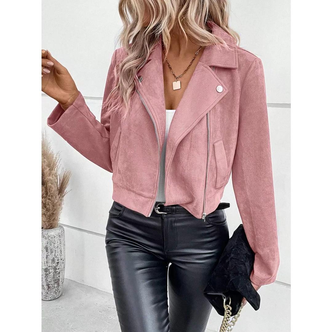 

Spring and Autumn Women s Jacket Short Lapel Zipper Jacket Suede Short Jacket Women S рожевий