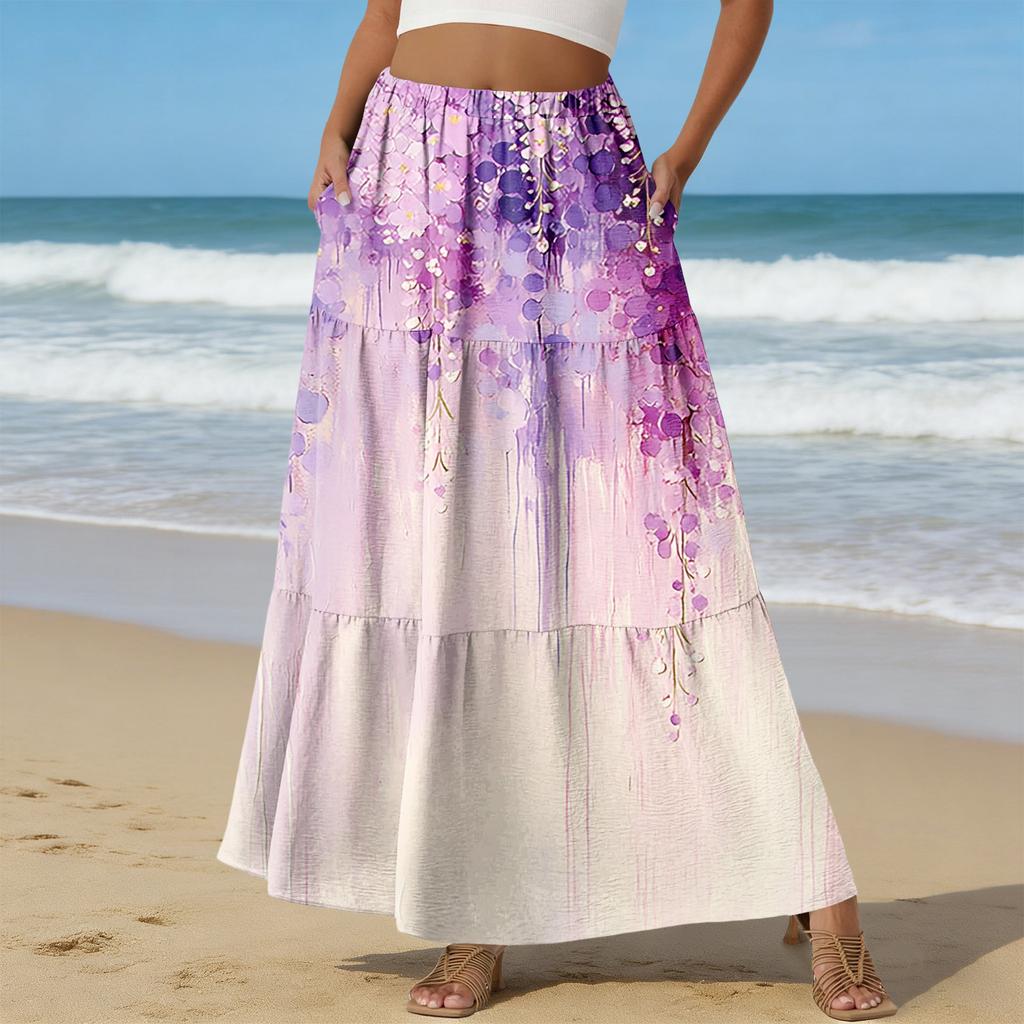 Women's Casual High Waist Drawstring A-line Skirt Color Skirt With Pockets