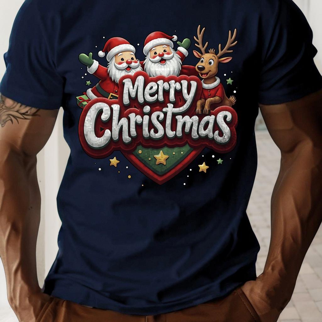 Mens Short Sleeve Cotton Christmas Happy Simple Santa Claus and Reindeer Print Soft Comfortable Breathable Street Hip Hop Daily