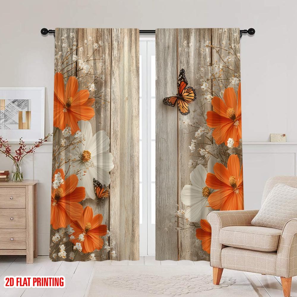 2D Flachdruck 2 Stück Fenstervorhänge Orange Schmetterlinge Weiße Blumen Bordüre Polyester Ohne Strom Familienfeier für