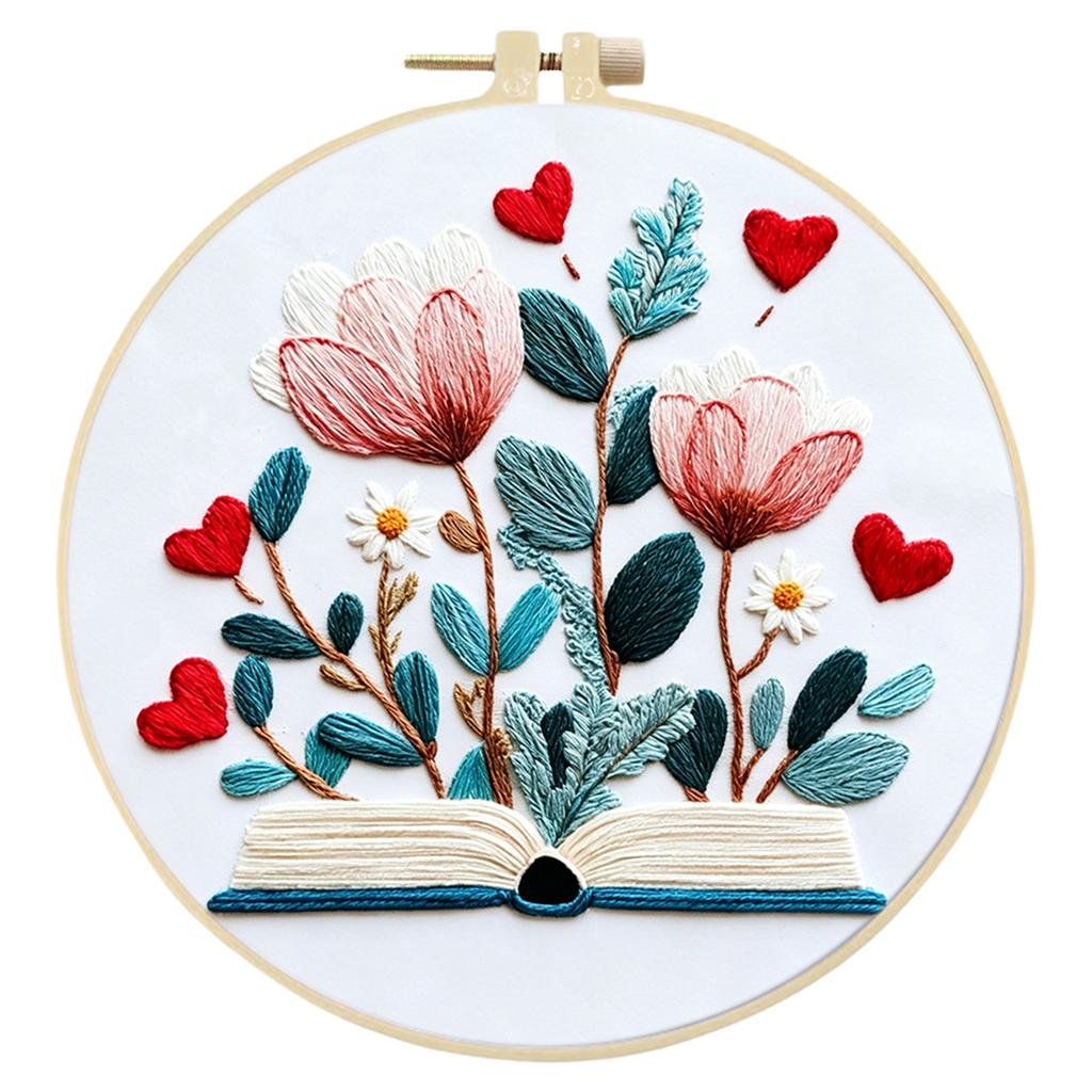 DIY Stickerei-Set 30x30cm Baumwollstoff Blumenmuster Buch Blumen Design Handarbeits-Bastelset mit 20cm Stickrahmen