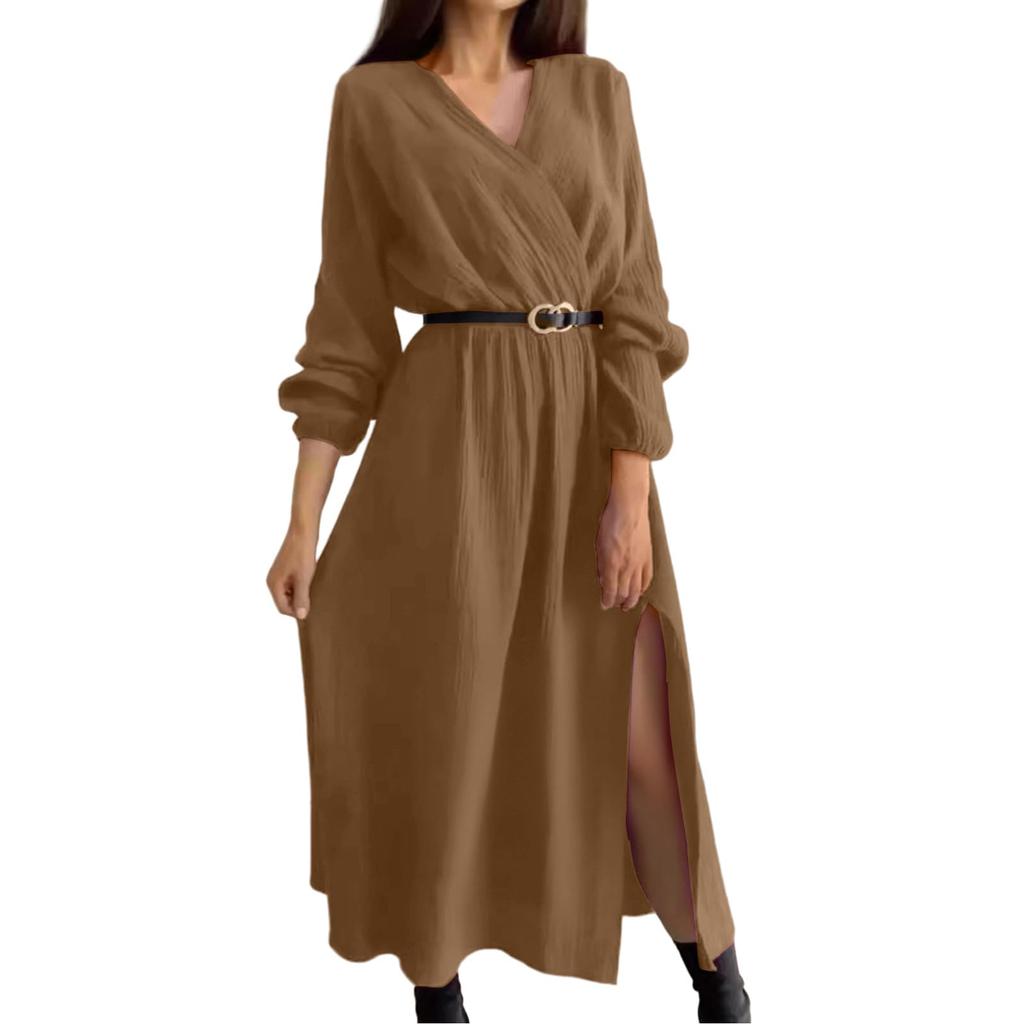 Women's Fashion Casual Flared Dress Long Sleeve Solid Color Dress