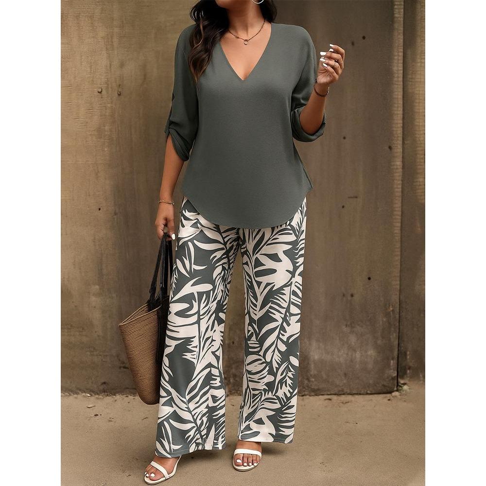 Women's V-Neck Mid Sleeve Top and Printed Wide Leg Pants Set