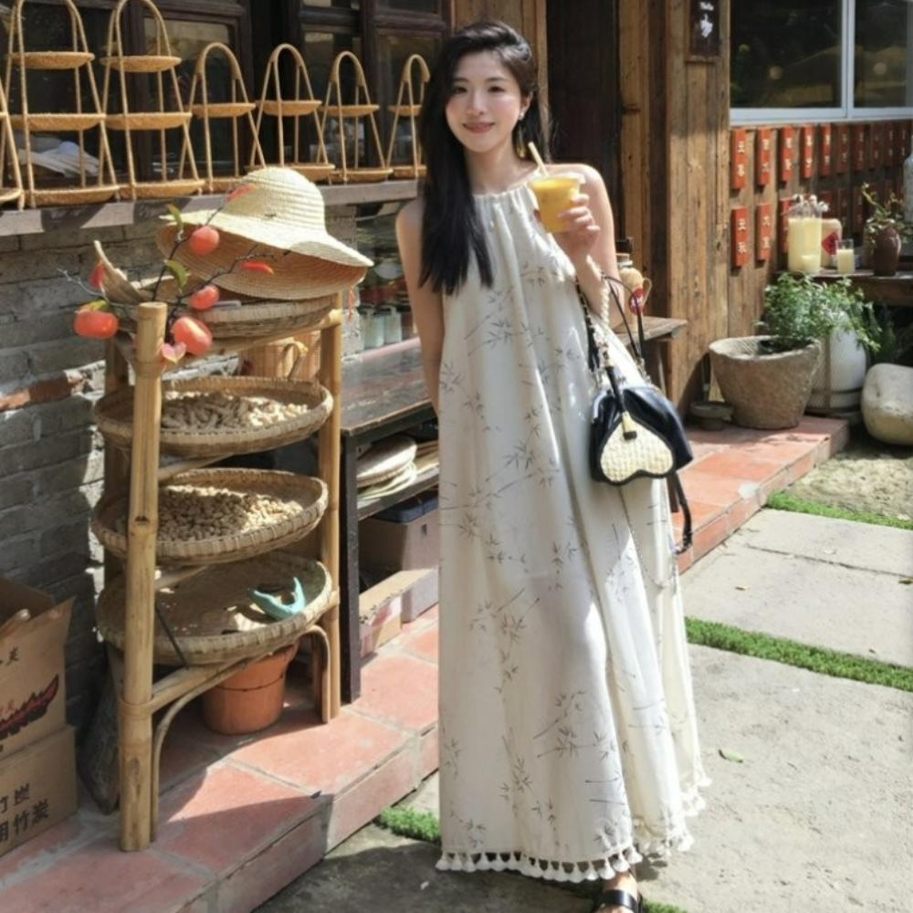 A-line Sleeveless Long Dress Loose Beach Vacation Sundress Floral Skinny Strap Dress  for Girls