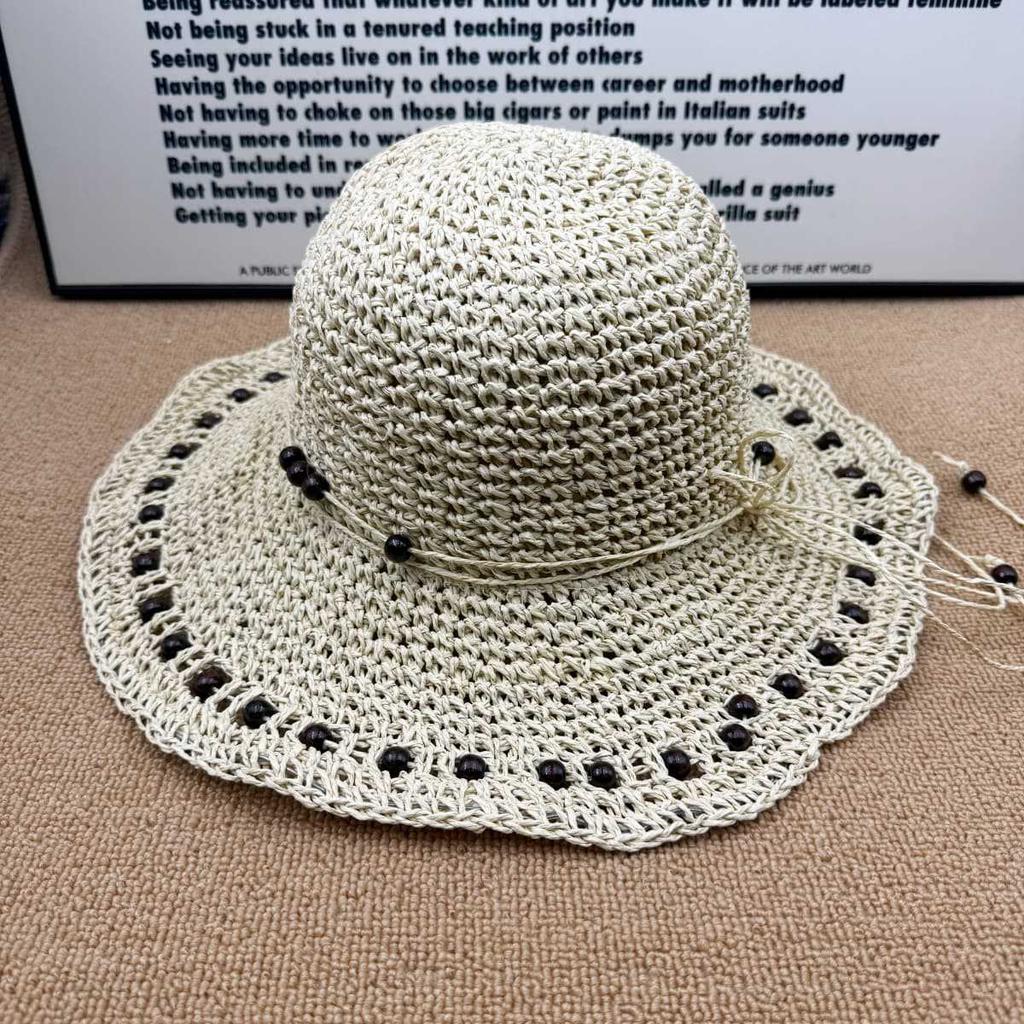 Mori retro woven wood beads straw hat women's summer foldable big brim sunscreen hat seaside beach sunshade bucket hat