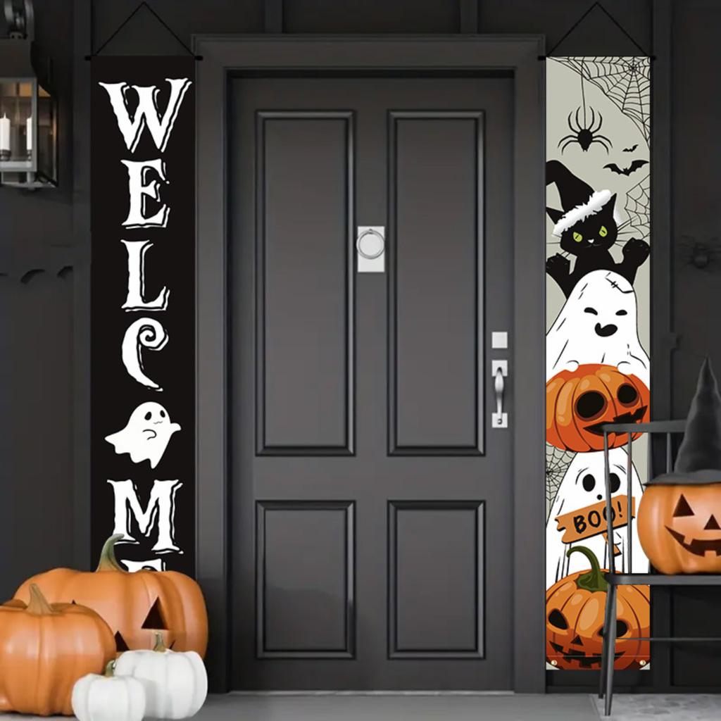 Set - Pumpkin Flag and Door Curtain for Porch Party Outdoor Decor