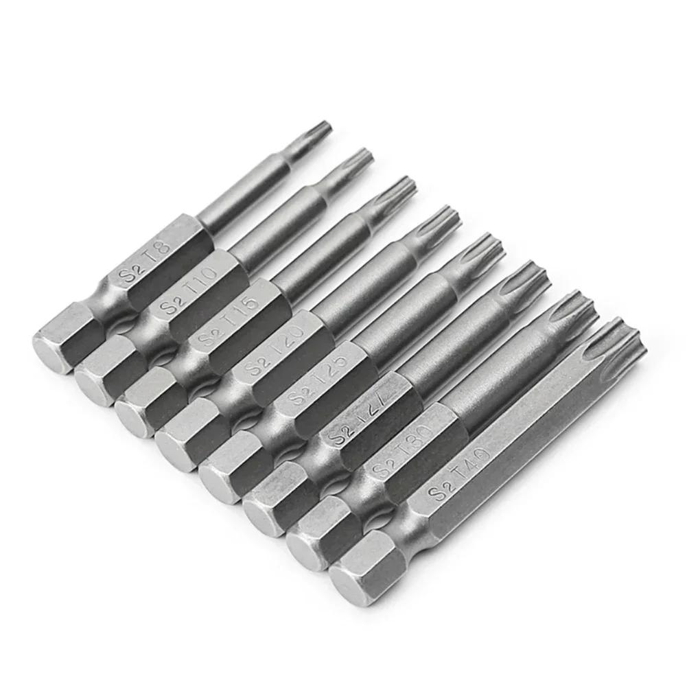 8/1Pcs Torx Screwdriver Bit Set 50mm Magnetic Tamper Resistant Star Bits 1/4" Hex T8-T40 Screwdriver Wrench Drill Bit Set