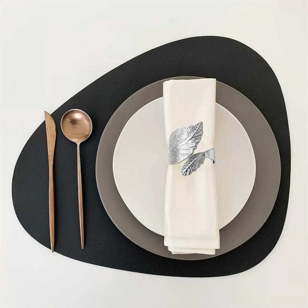 Set Of 6 Gold Leaf Napkin Rings With Open Napkins