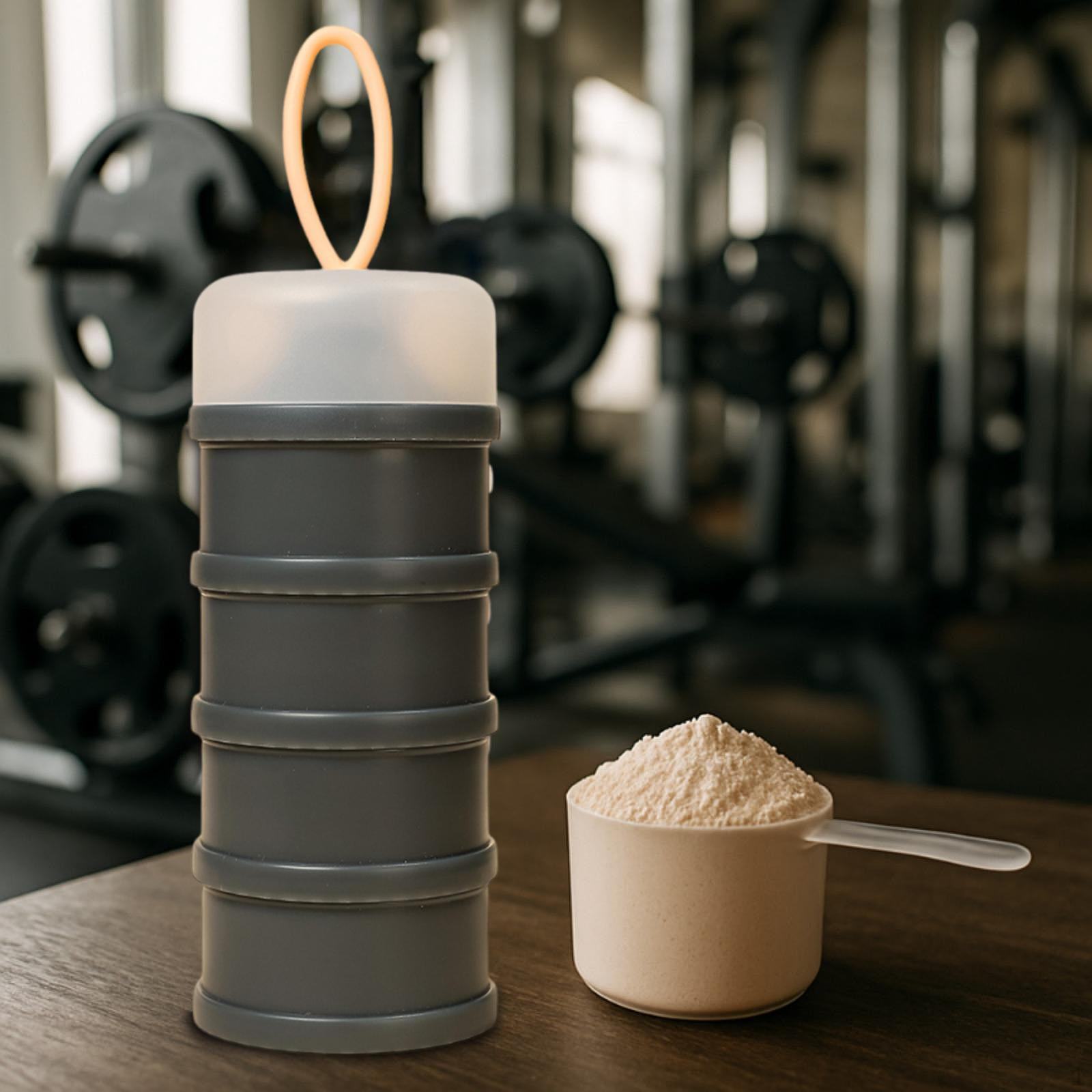 

Портативный контейнер для протеина для использования в спортзале и офисе серый