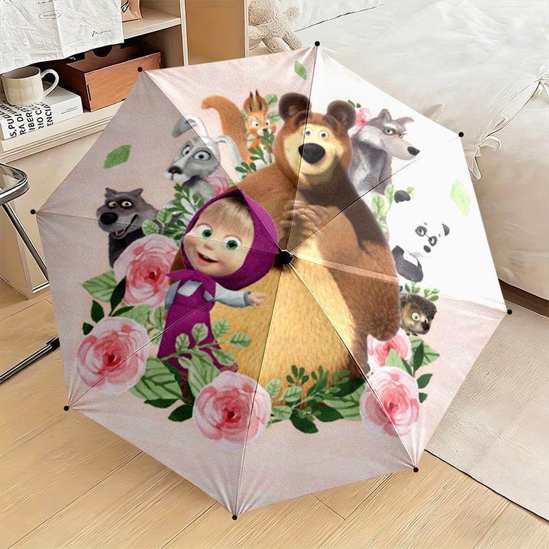 Cartoon Russian Animation Fairy Tale Masha and the Bear Cartoon Umbrella, a Must-have for Home and Outdoor Travel, Foldable Wrought Iron Umbrella W3
