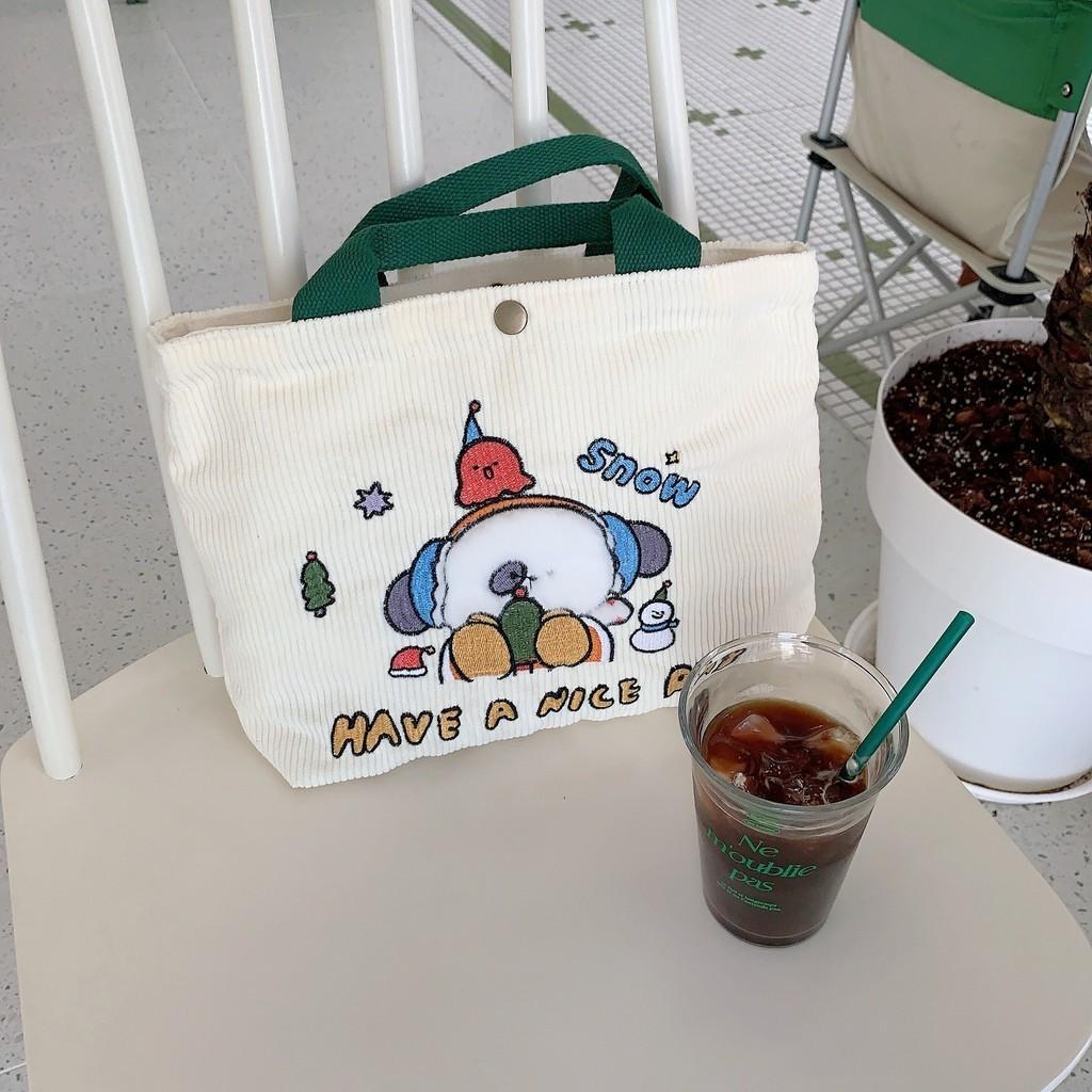 Spacious Corduroy Handbag With Cute Cartoon Embroidery Ideal For Everyday Use