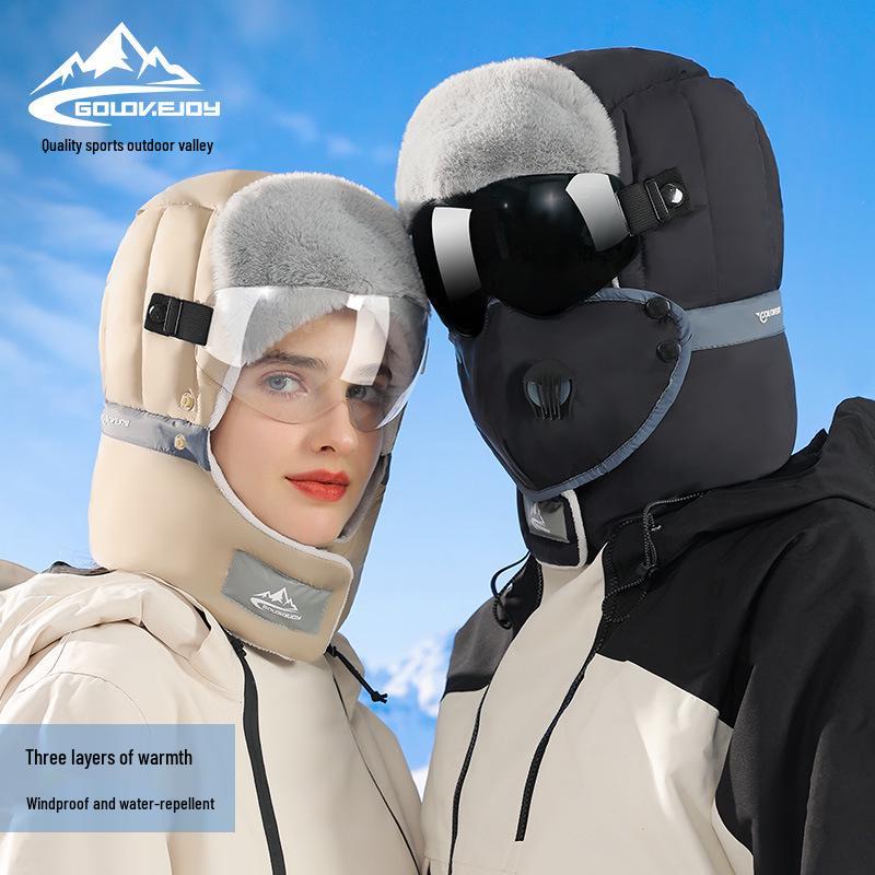Winter Lei Feng Hat for Men & Women: Outdoor Skiing, Velvet-lined, Warm with Goggles, Windproof & Waterproof
