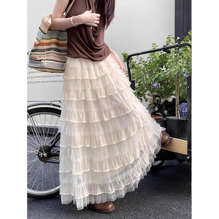 

[Original practice] Korean court style rice apricot velvet edge cake skirt layer by layer fluffy mesh skirt S абрикосовый