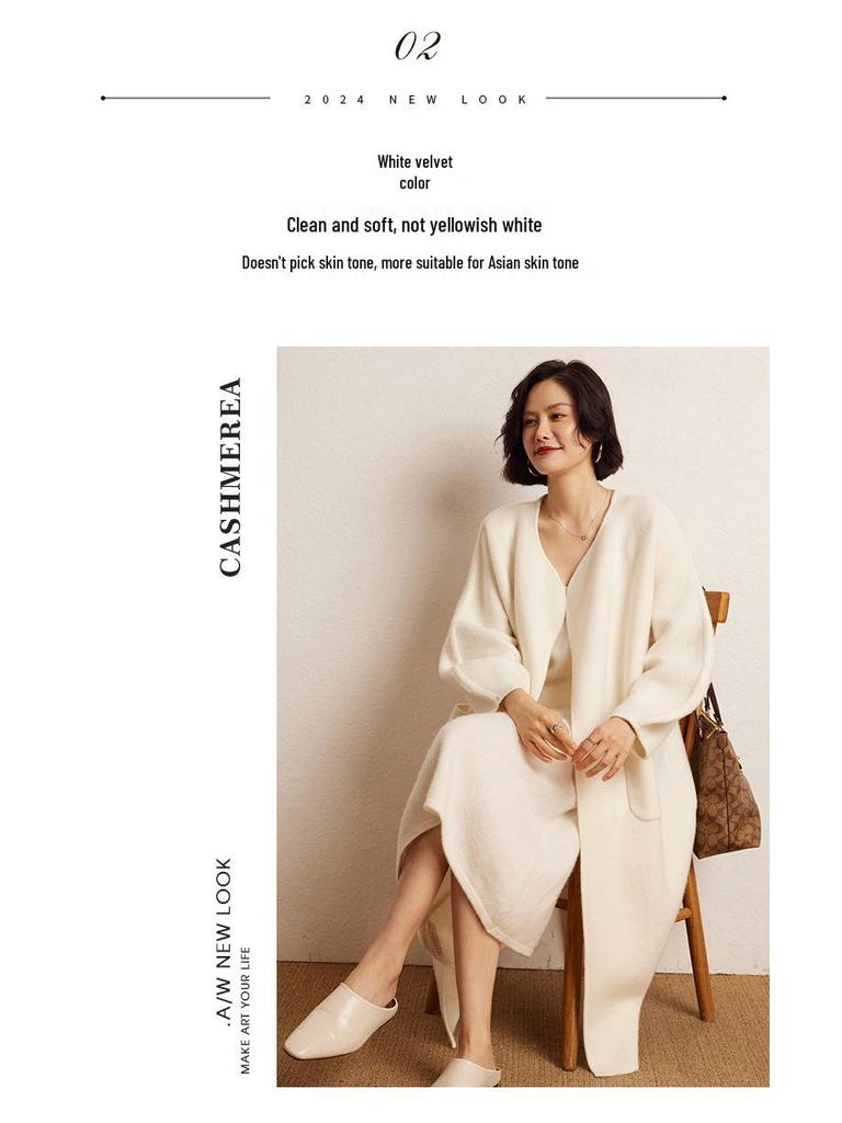 Versatile Cashmere Long Coat: Round Neck, Buttonless, Mid-Length, Stylish and Casual, Long-Sleeved Outerwear for Autumn/Winter.