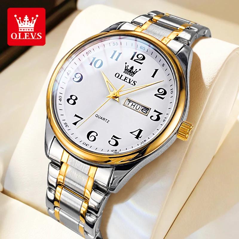 OLEVS Klassische Herrenuhren aus Edelstahl, wasserdicht, leuchtend, Doppelkalenderanzeige, Quarzuhr für Männer