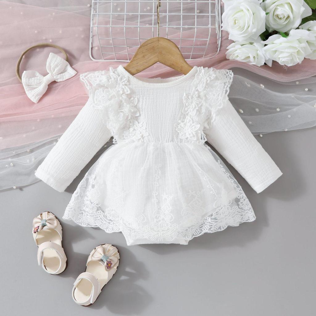 Sweet Floral Long Sleeve Baby Girl Romper Dress with Mesh Skirt