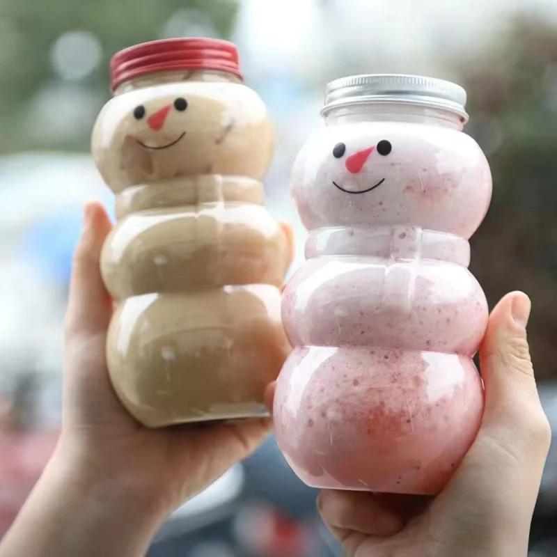 500ml Christmas Candy Biscuits Bottle Snowman&Tree Shape Drink Bottles Juice Milk Tea Jar Food Storage Container Party Favors
