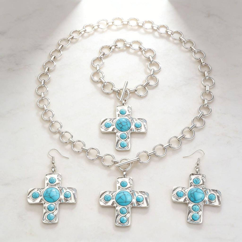 European & American Turquoise Rhinestone Jewelry Set: Necklace, Earrings, Bracelet Pendant for Women