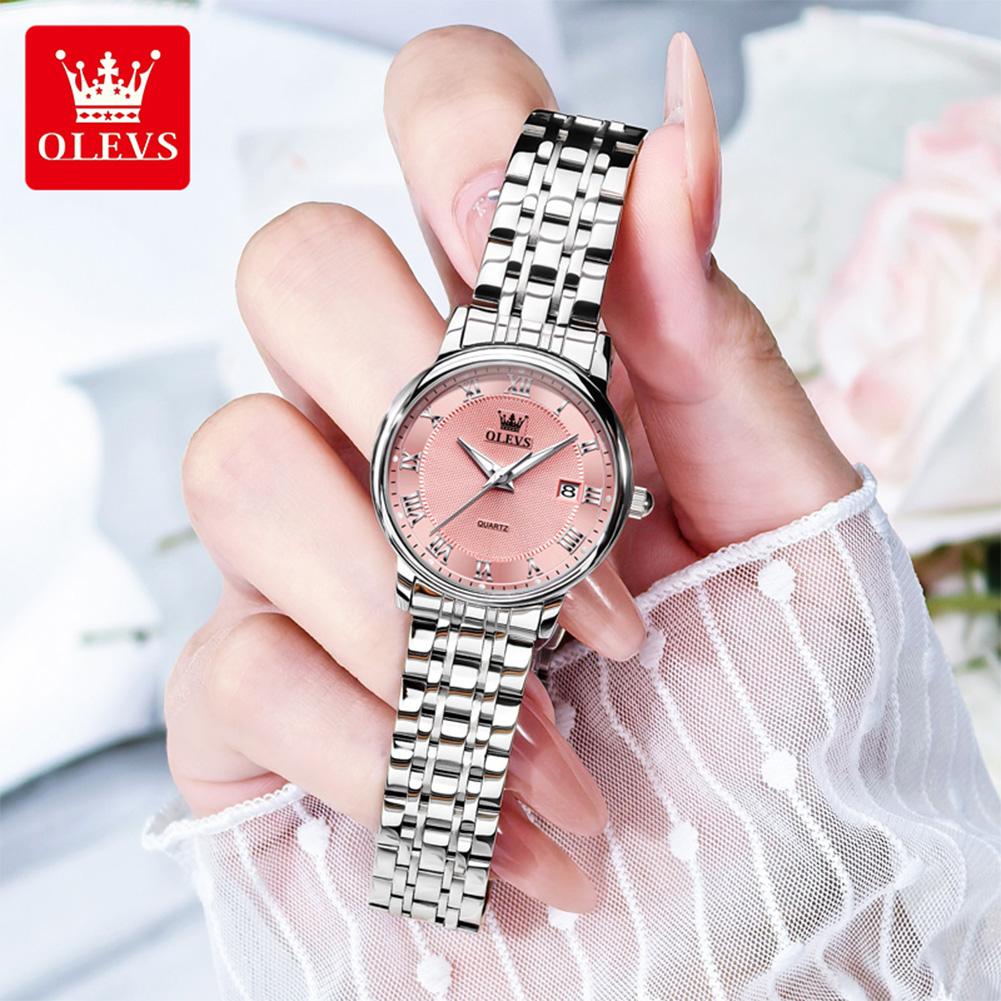 OLEVS Kvarts Klokker for Dame Ultratynn Solid Stållenke Elegant Mote Romersk Skala Auto Dato Vanntett Dameklokker