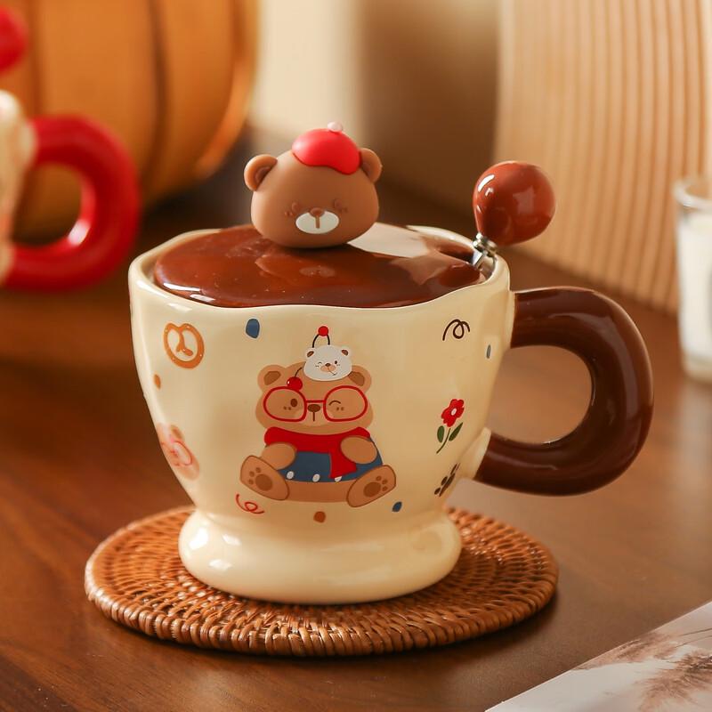 Cute Bear Ceramic Mug with Lid and Spoon