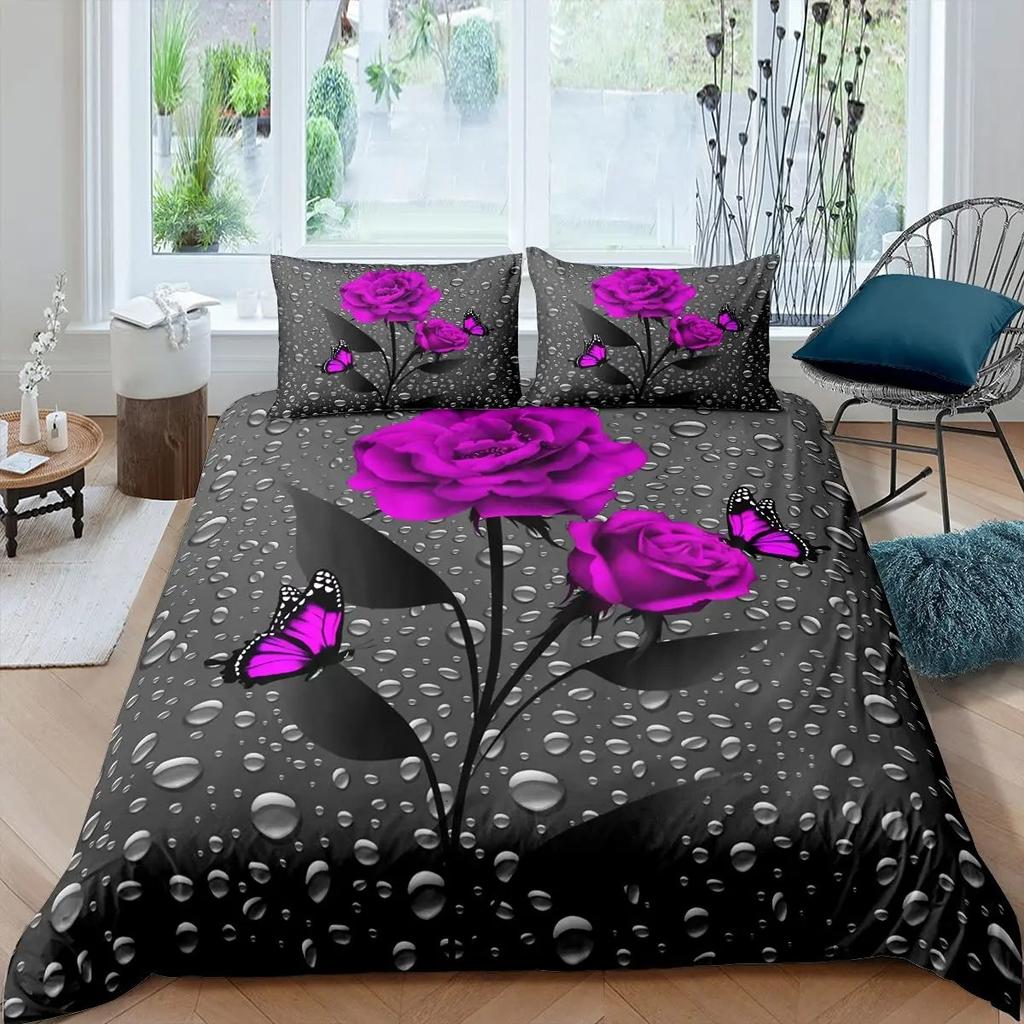 Comforter Purple Rose Queen Size Romantic Flowers Bedding Set Valentine'S Day Floral Comforter Set