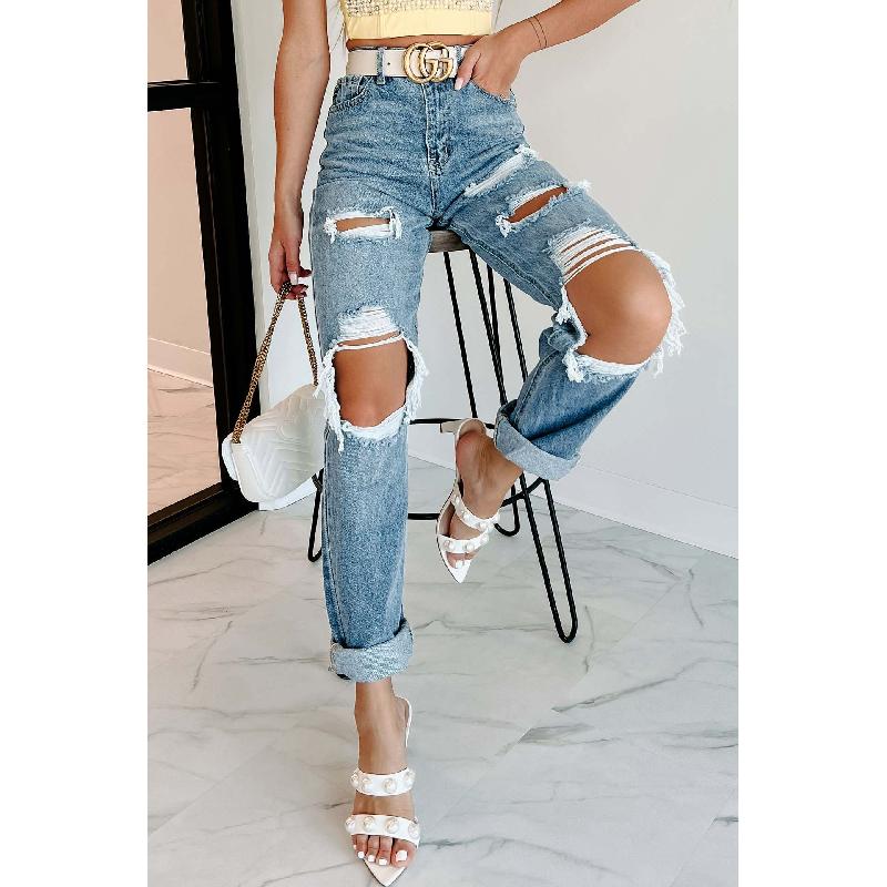 2026 Modische Damen High-Waist Lässige Slim Fit Ripped Straight-Leg Jeans