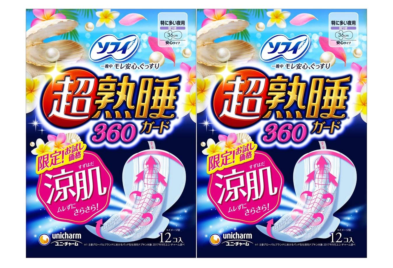 Sofy Super Sleep Guard Cool Skin для обильных выделений, 12 шт. x 2 упаковки [Оптовая покупка] 360, ночи, крылышки, 36 см, (Уничарм Софи)