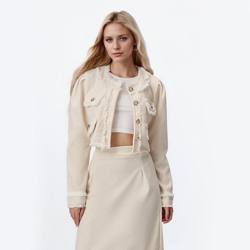 Spliced Round Neck Top Solid Color A-line Skirt Set Two-piece