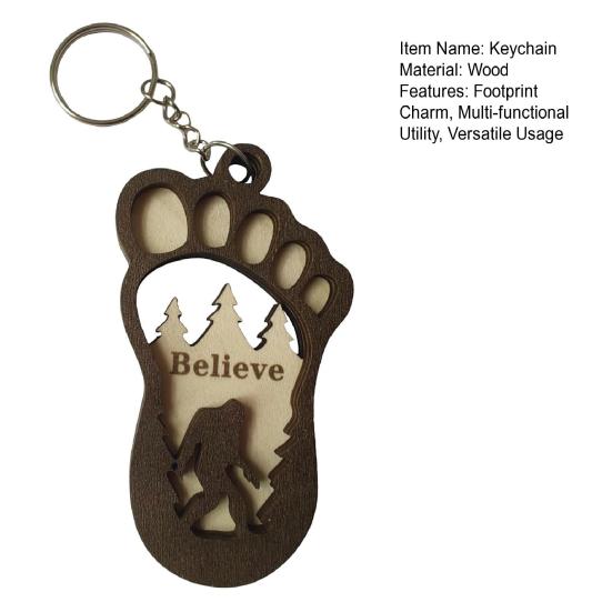 Footprint Charm Keychain with Forest Savage Pattern Double Layer Wooden Craft Key Ring Backpack Pocket Key Chain