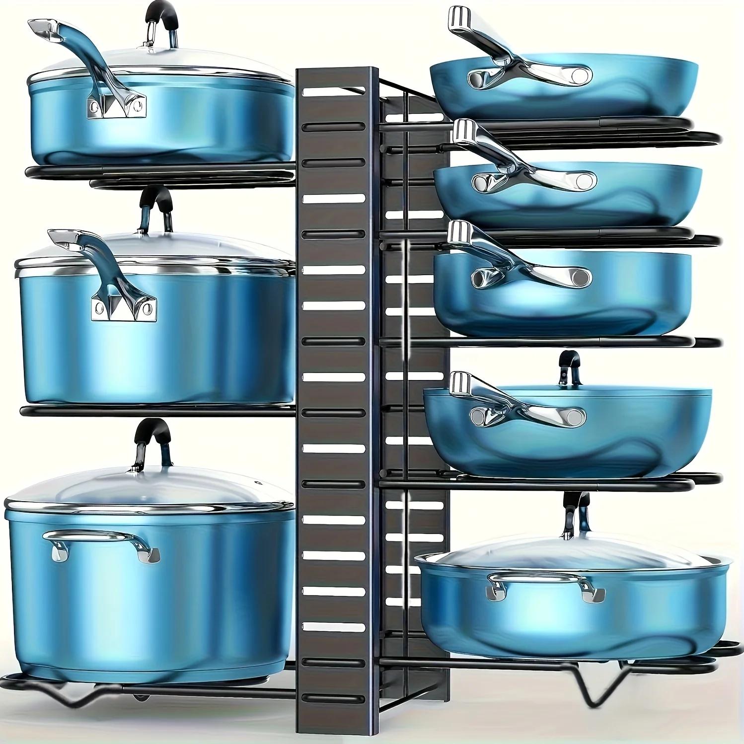 

Heavy-Duty 8-Tier Pot and Pan Rack Organizer Rust-Resistant Metal Kitchen Storage Stand with Sturdy Black Frame for Cookware чёрный