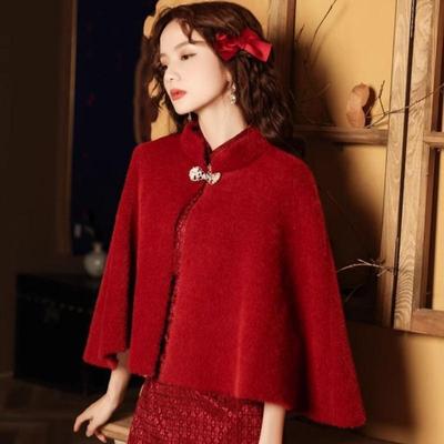 Elegant Red Shawl Coat Cape for Autumn/Winter Qipao and Cardigan - Perfect for Mother's Wedding