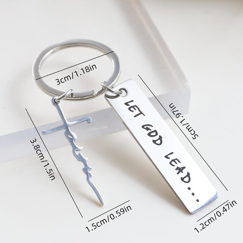 Let God Lead···Faith Cross Stainless Steel Keychain, Christian Religious Key Chain Ring Purse Bag Backpack Charm Daily Gift