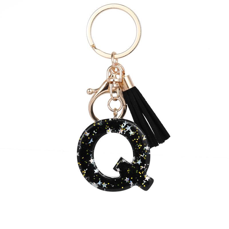 Black Glitter Star Sequins Resin 26 Letters Keychain Initials A-Z Keyring Tassel Charm Accessories Backpack Hanging Decoration