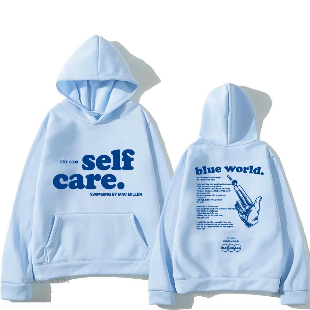 

Macc Miller Self Care Blue World Letter Print Hoodies Флисовые толстовки Y2k Tops Long Sleeve Sweater Sense of Design Pullovers