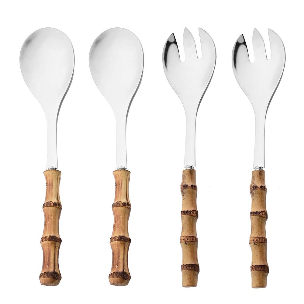 

4 шт. Довга ручка Сервірування Spork Бамбукова дерев яна ручка Ложка для салату Вилка Посуд з нержавіючої сталі Кухонний набір столових приладів срібний