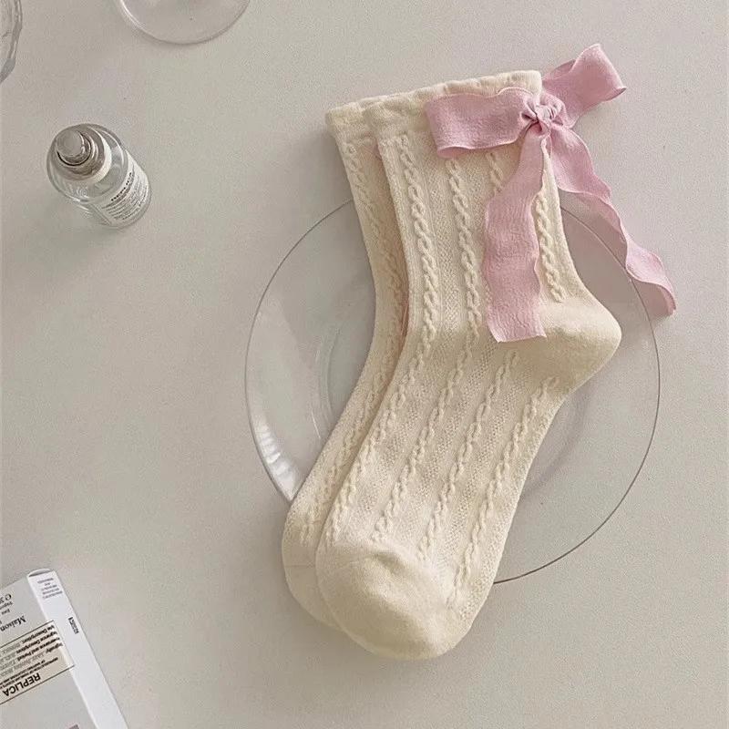 

Heel Ribbon Bow Socks Children in Summer Thin Sweet Girl Lolita Socks Women Fried Dough Twists Pattern Tube Socks Absorb Sweat One Size білий