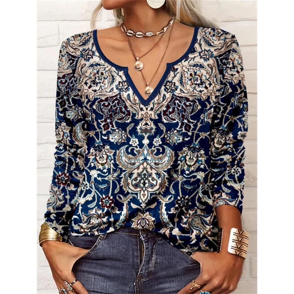 GMXIA Autumn Loose Long Sleeve Flower Bold V-neck T-shirt Base for Women