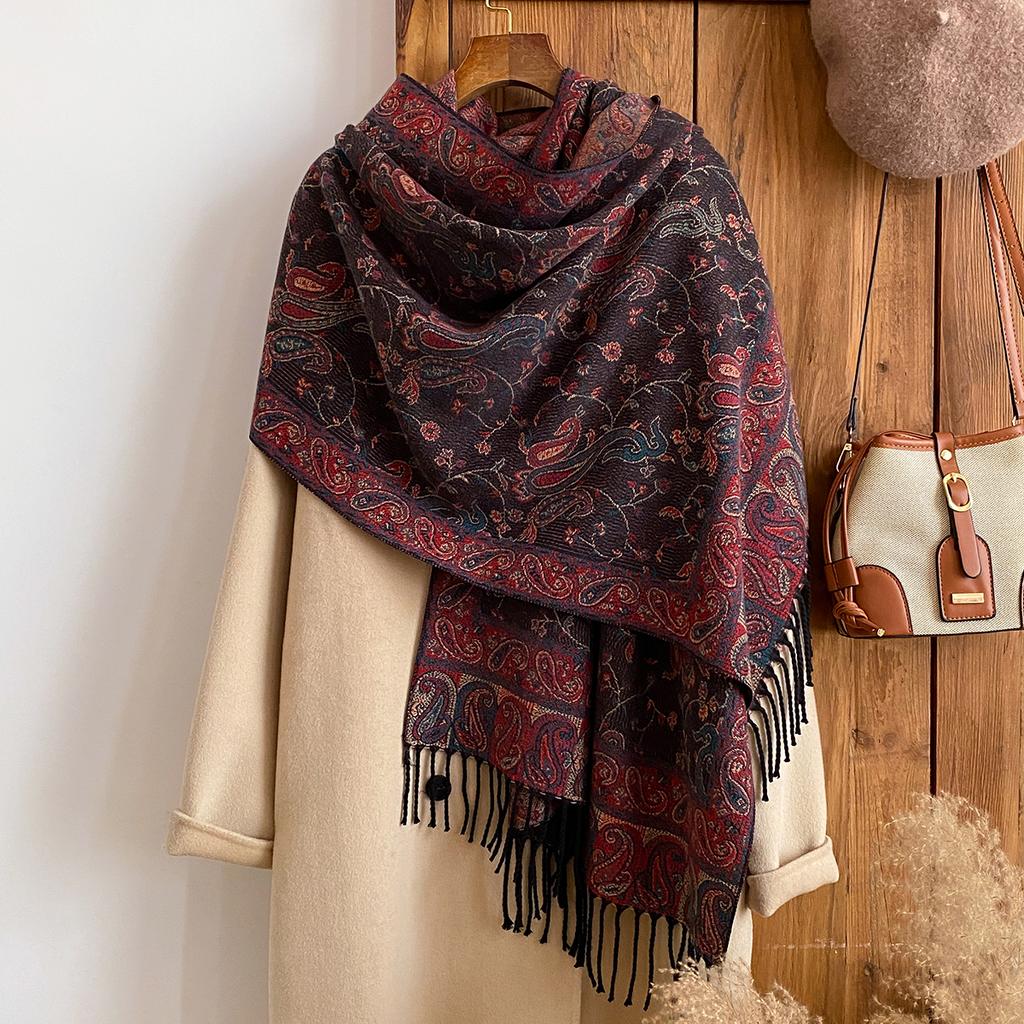 Women'S Winter National Style Paisley Print Thick Pashmina Shawl  Warm Long Tassel Scarf Cold-Resistant Poncho Stoles