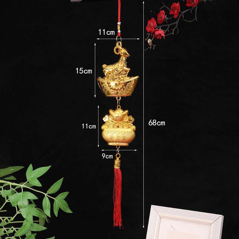 1PcsChinese New Year Golden Goat Hanging Decorations With Lucky Fu Elements Red Tassels For Spring Festival Home Wall Car Decor