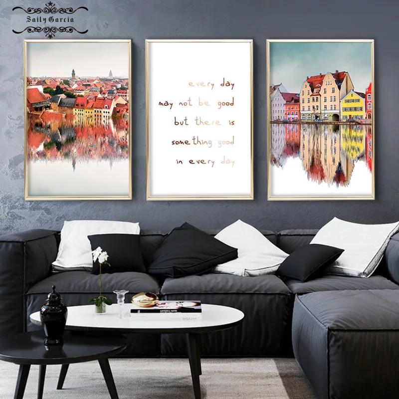 

Nordic Town Reflection Canvas Painting Abstract House Lake Landscape Poster and Print Modern home living room Decorative Picture