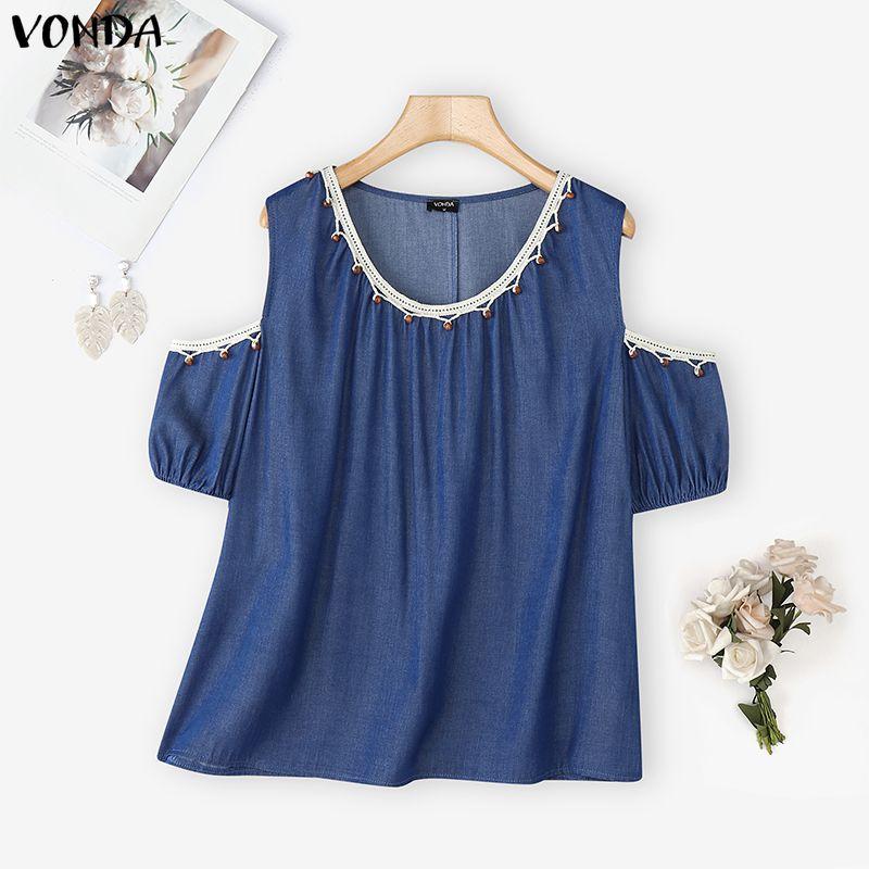 VONDA Summer Women Casual O-neck Cold Shoulder Lace Beading Short Sleeve Blouse