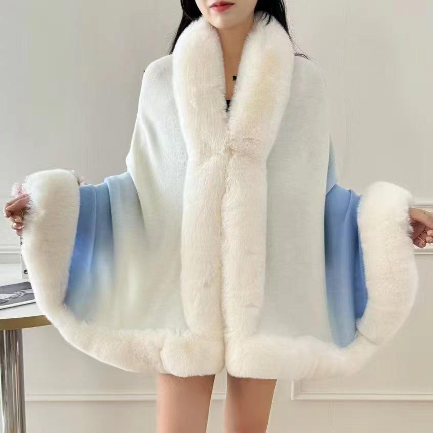 Women's Fashionable Knitted Fur Collar Cardigan Coat - Stylish High-End Autumn & Winter Sweater Cape Shawl.