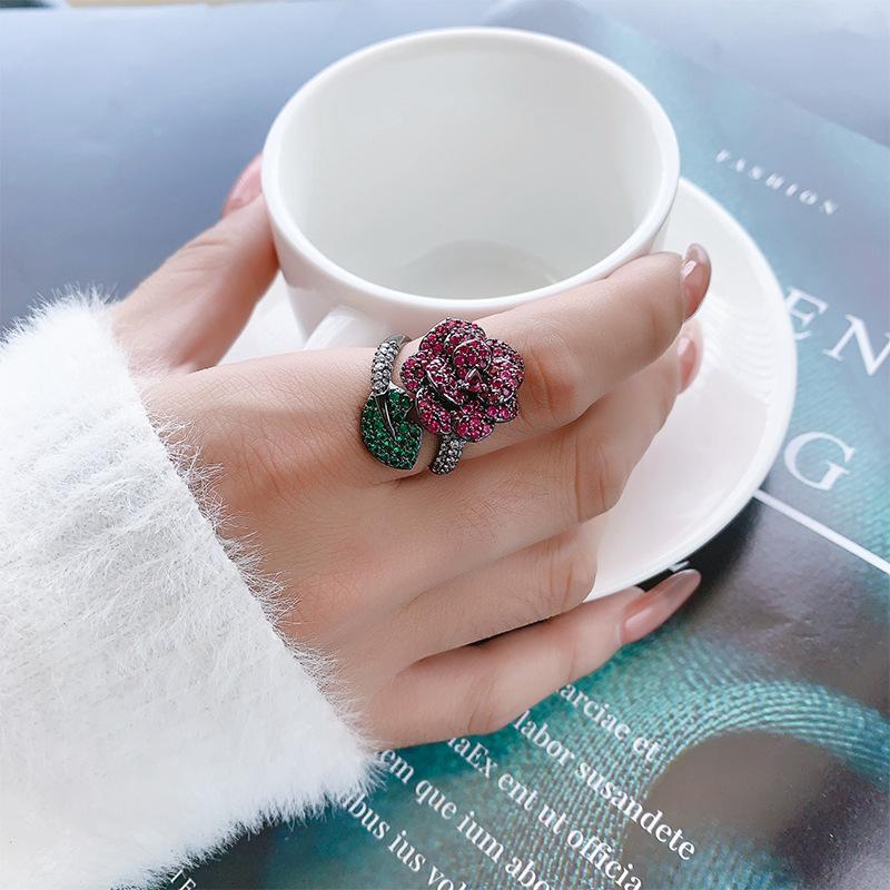 Jewelry Copper Bottom Gold-Plated Simulation Red Corundum Black Gold Flower Personalized Ring Female