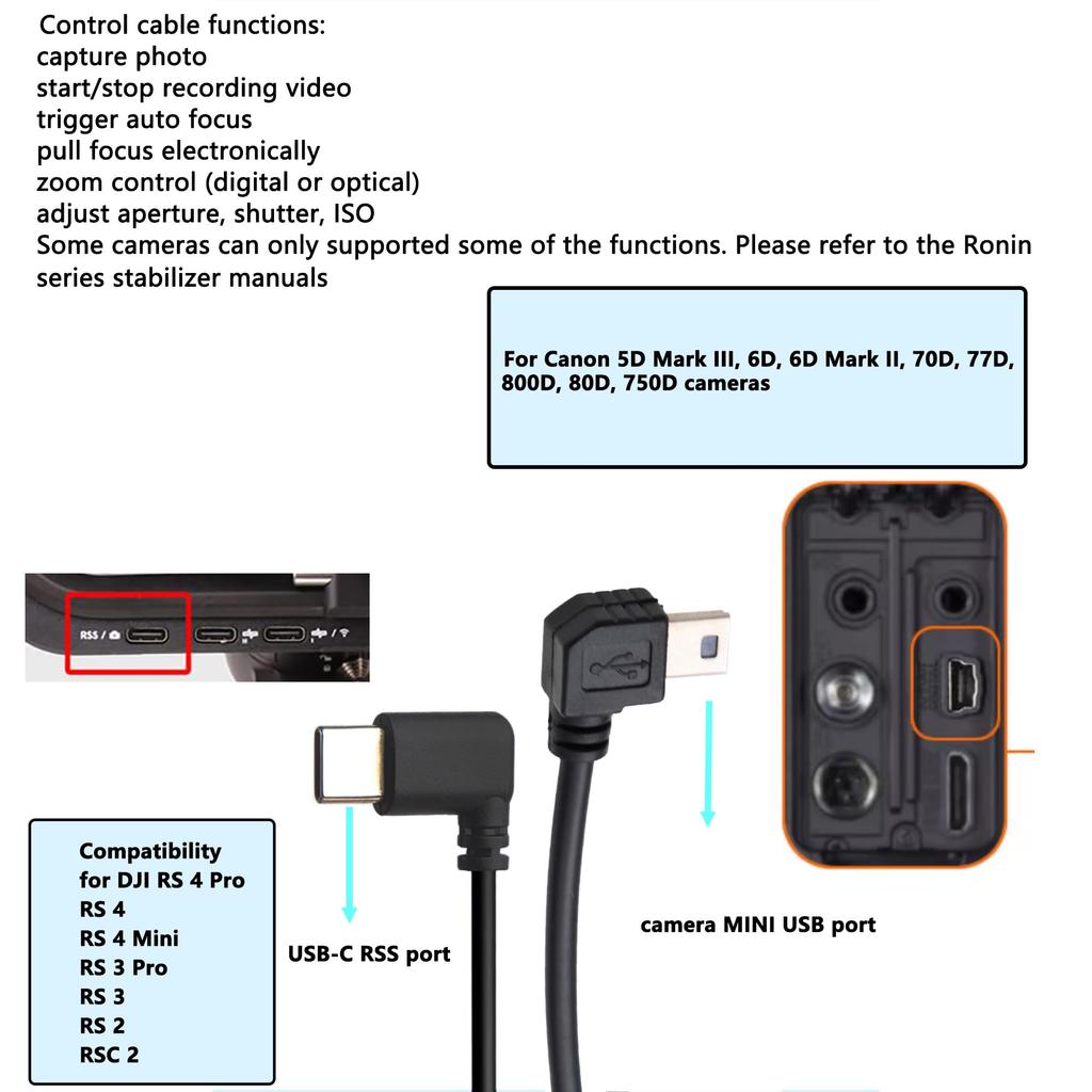 HangTon Compact Control Cable for DJI RS 4 RS and RS 2 compatible with Canon 5D Mark 6D Mark and 80D Cameras USB-C Pro, 3, Cameras, III, 6D, II, 70D,