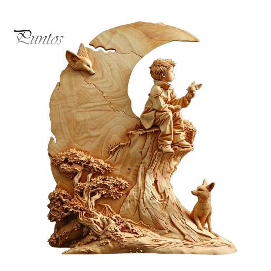 Layered Wood Art Fairy Tale Little Boy and Fox Wooden Figurine, Rustic Desktop Statue, Artistic Carved Holiday Decorations Sculpture Ornament