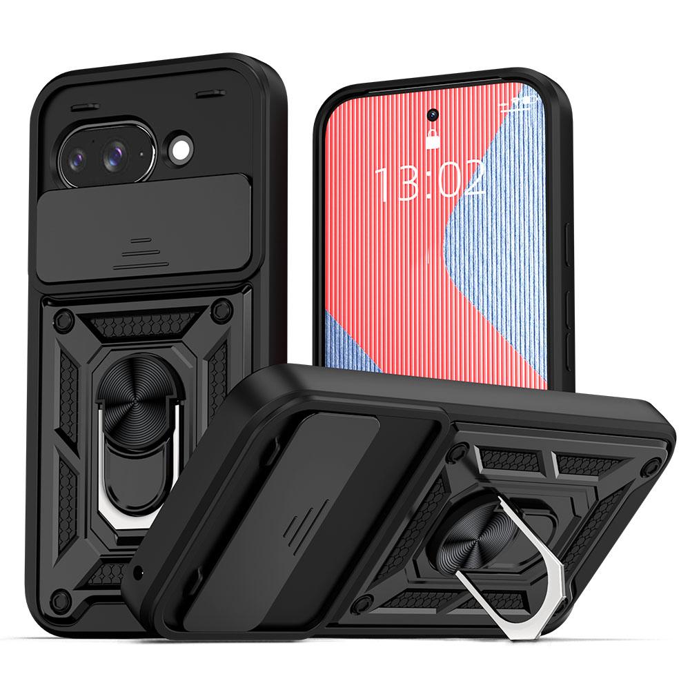 KEYSION Shockproof Armor Case for Google Pixel 9A Silicone+PC Slide Camera Lens Protection Ring Stand Phone Cover for Pixel 9A