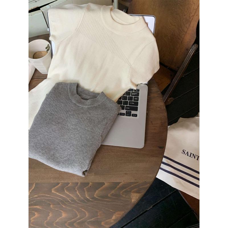 women mock neck knit top mesh panel cap sleeve ribbed fitted casual sweater